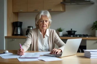Femme âgée en cuisine étudiant ses papiers fiscaux