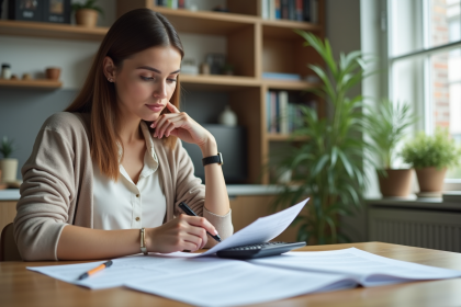 Femme organisée vérifiant ses factures à la maison