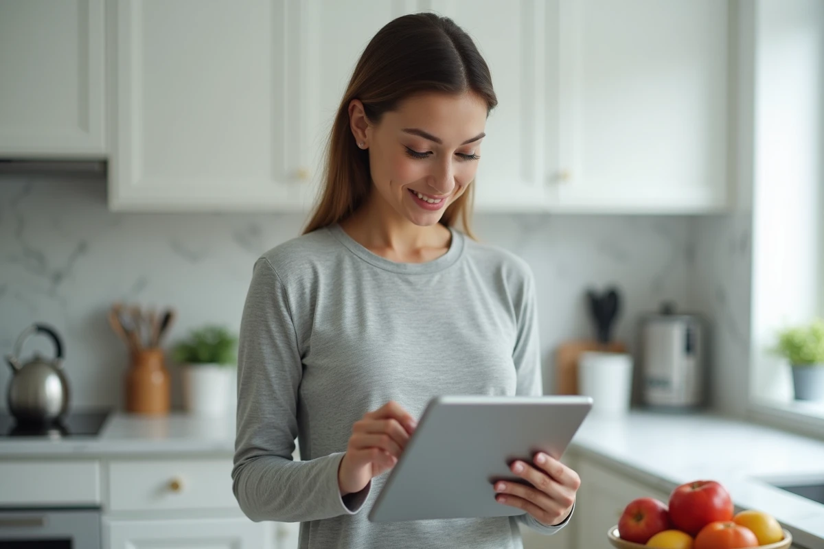 Femme consultant l'interface de gestion de compte Free sur une tablette dans une cuisine moderne pour régler ses factures