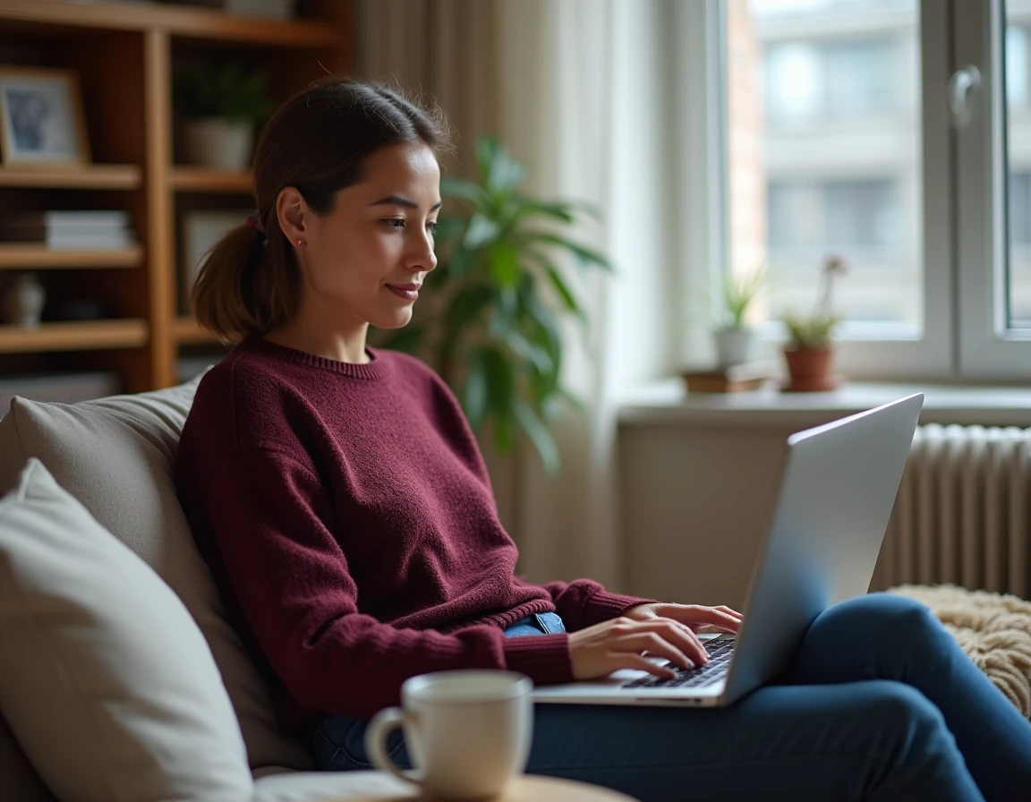 Femme gérant son compte épargne salariale CIC en ligne depuis chez elle