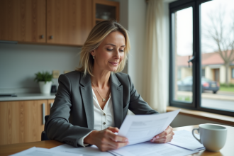 Femme d affaires examinant des documents dans une cuisine lumineuse
