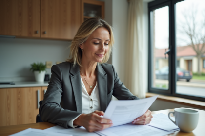 Femme d affaires examinant des documents dans une cuisine lumineuse