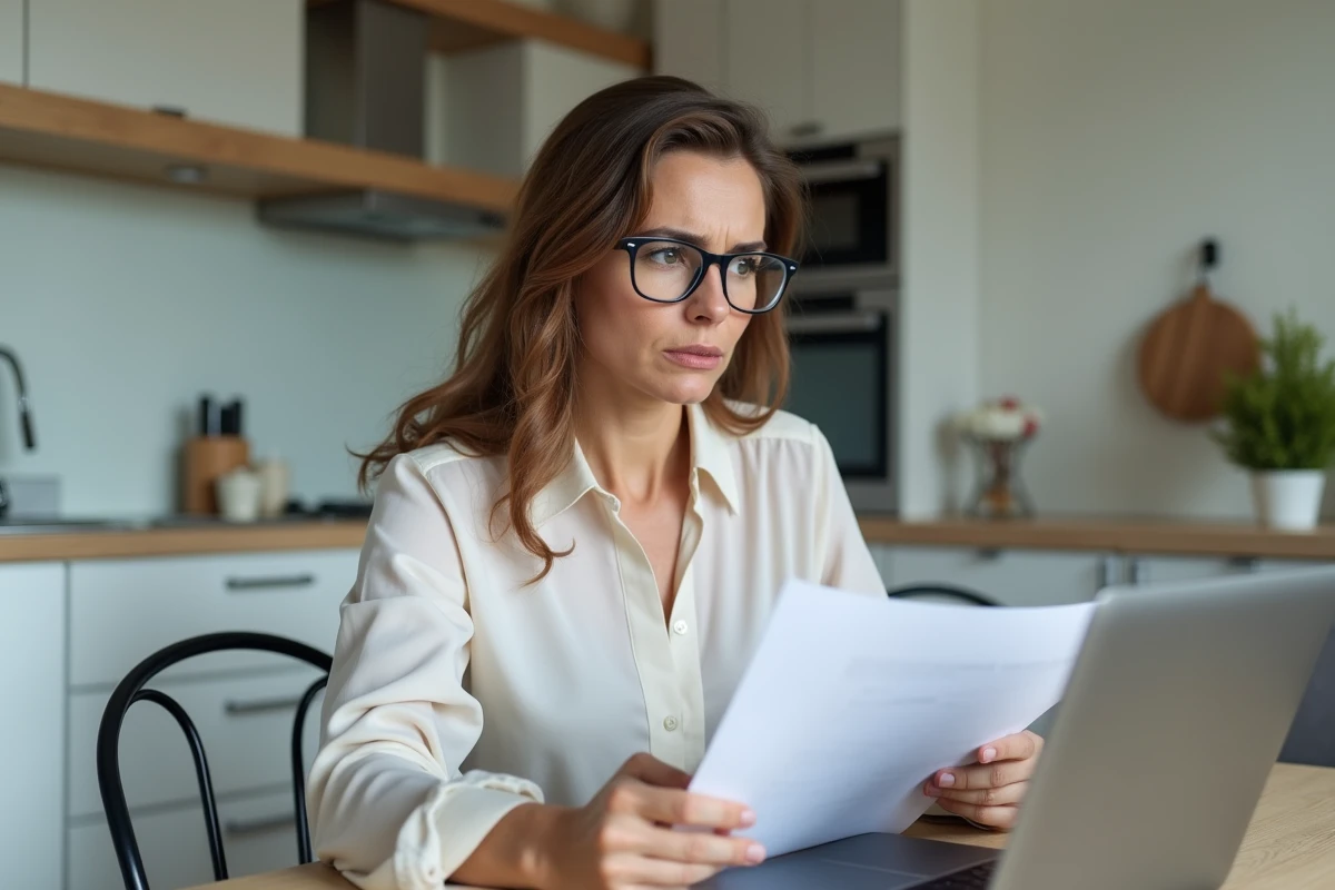Femme inquiète avec documents dans une cuisine moderne