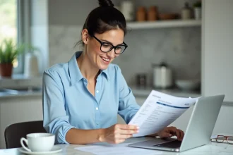 Femme à la maison vérifiant une facture sur son ordinateur