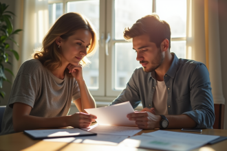 Femme et jeune homme discutant finances à une table