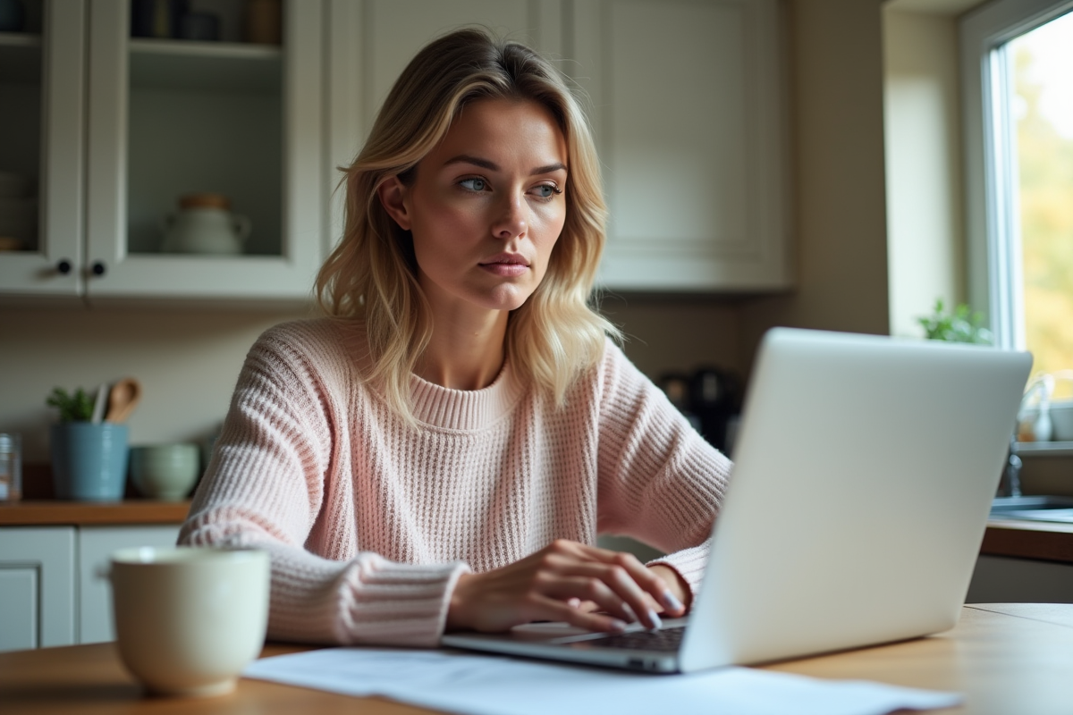 Femme détendue utilise un ordinateur pour remplir ses impots