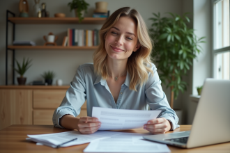 Femme d affaires relisant des papiers dans un intérieur cosy