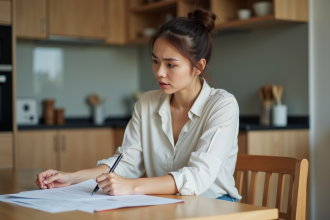Femme assise à la cuisine en train de lire des papiers