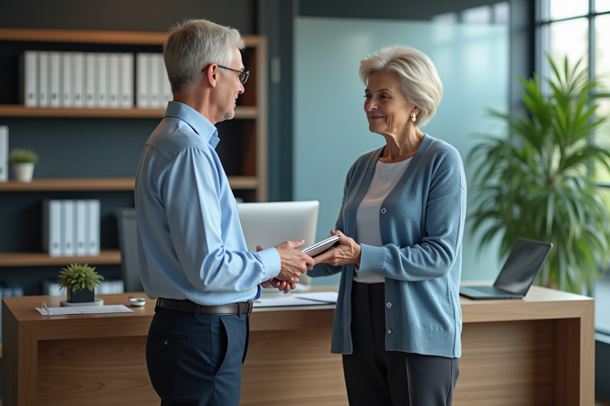 Femme âgée remettant un dossier à un conseiller en banque