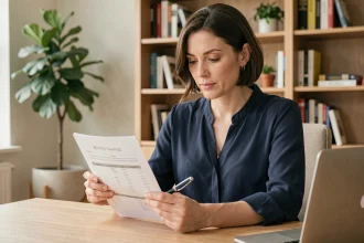 Femme consultant un tableau de versements mensuels pour optimiser son épargne sur un Livret A