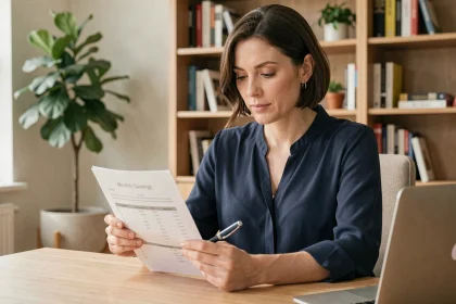 Femme consultant un tableau de versements mensuels pour optimiser son épargne sur un Livret A