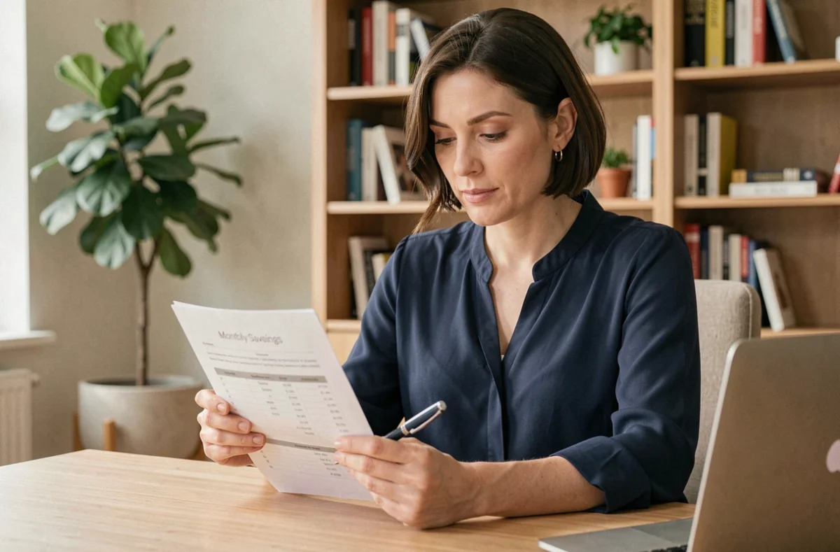Femme consultant un tableau de versements mensuels pour optimiser son épargne sur un Livret A