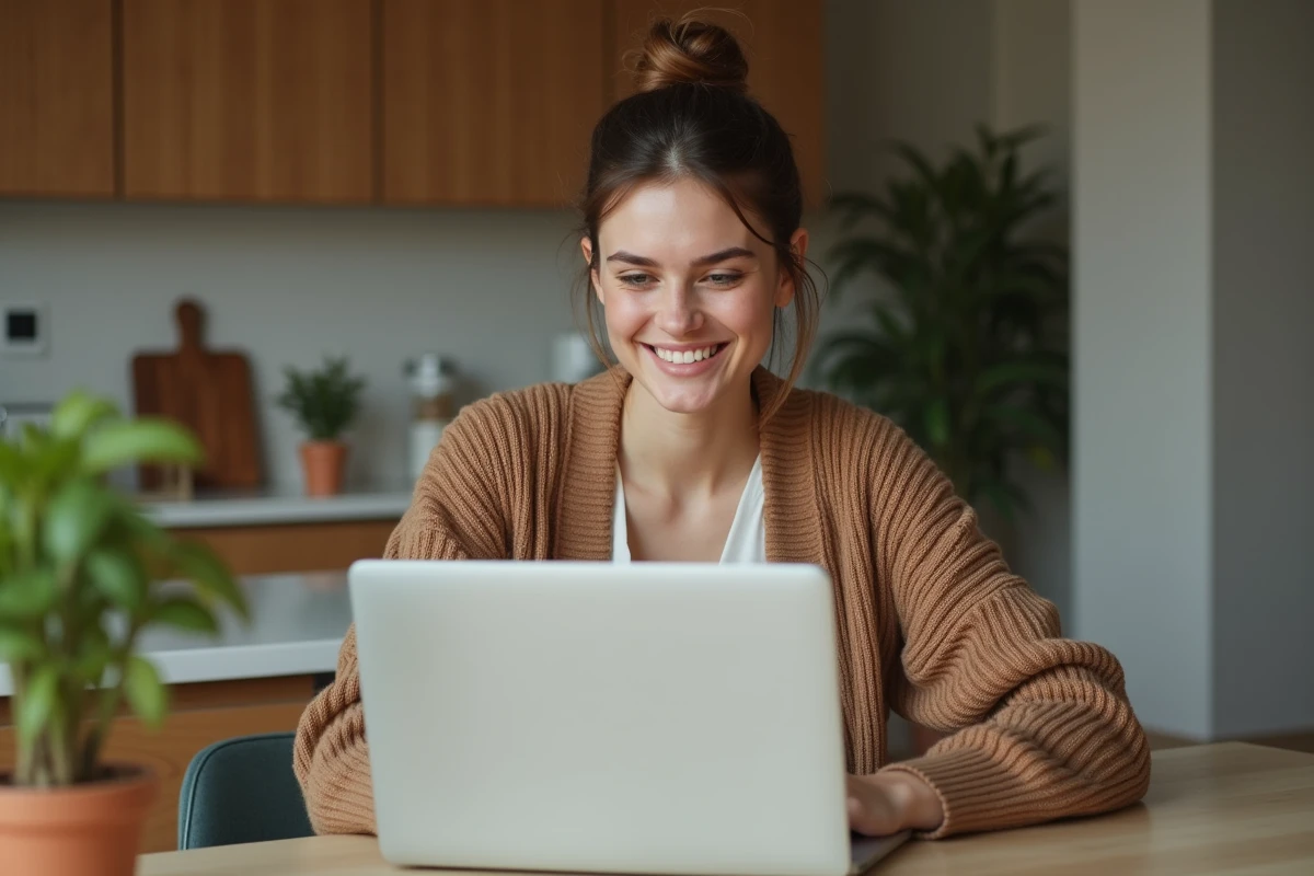 Jeune femme souriante utilisant son ordinateur dans la cuisine
