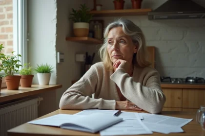 Femme dans la quarantaine examine des factures à la maison