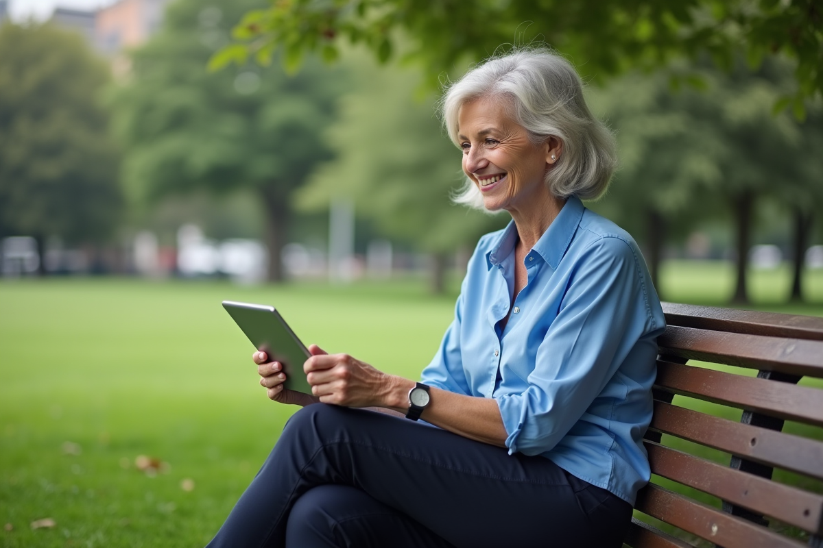 Femme détendue regardant des graphiques financiers dans un parc