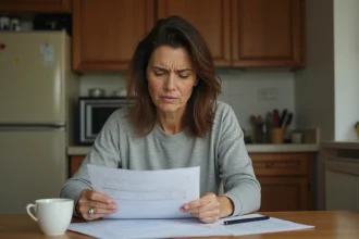 Femme aux revenus modestes examinant des documents financiers à sa table de cuisine pour une demande de prêt trésorerie