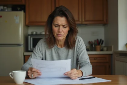 Femme aux revenus modestes examinant des documents financiers à sa table de cuisine pour une demande de prêt trésorerie