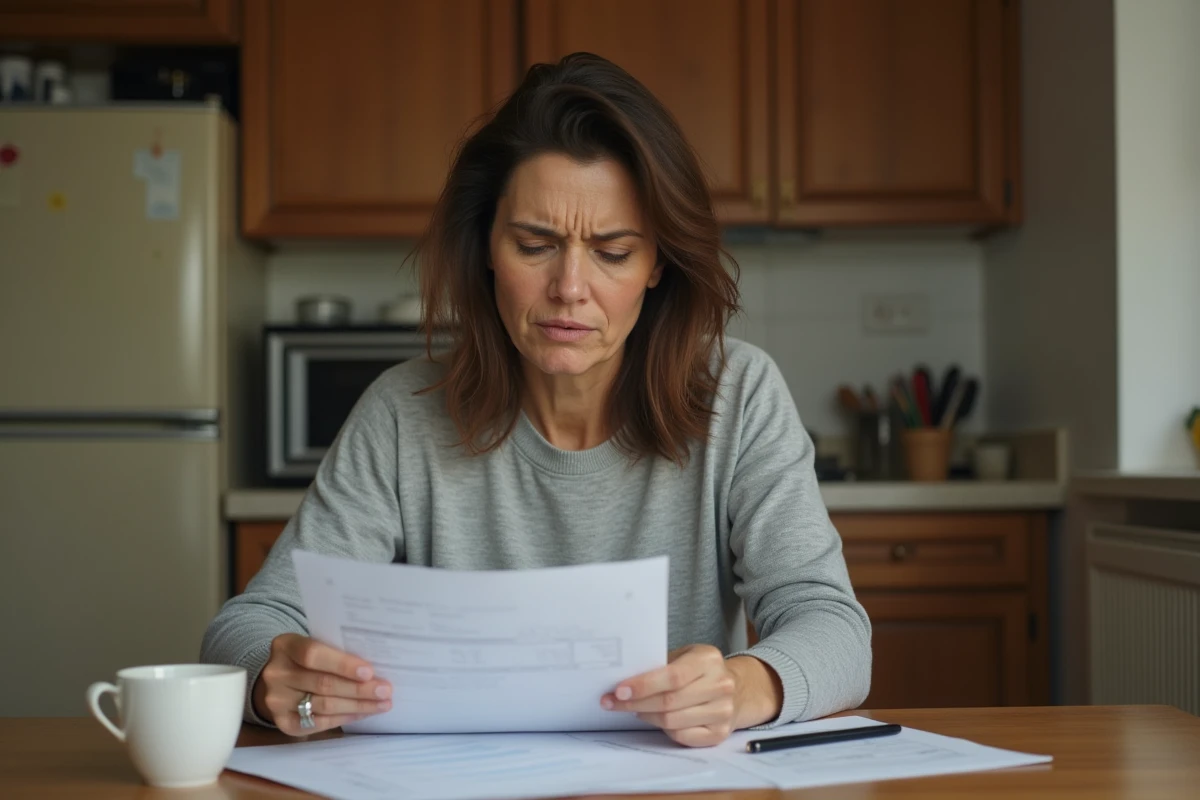 Femme aux revenus modestes examinant des documents financiers à sa table de cuisine pour une demande de prêt trésorerie