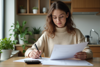 Femme détendue avec documents financiers dans une cuisine lumineuse