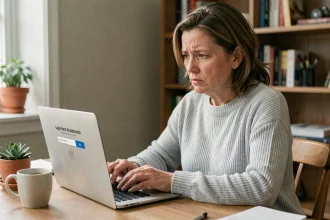 Femme utilisant son ordinateur portable pour résoudre un problème de connexion à son espace client Progéliance