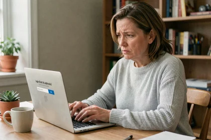 Femme utilisant son ordinateur portable pour résoudre un problème de connexion à son espace client Progéliance