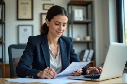 Femme en blazer concentr&eacute;e sur ses documents au bureau