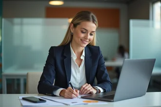 Femme d'affaires concentrée au bureau avec ordinateur et documents