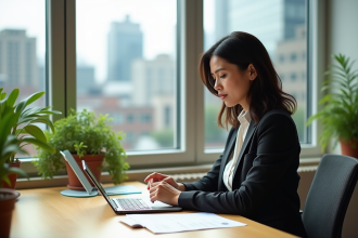 Femme professionnelle en bureau moderne avec tablette et vue urbaine