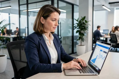Femme professionnelle accédant à un portail bancaire en ligne sur son ordinateur portable dans un bureau moderne, illustrant l'utilisation de domiwebcmb pour les services CMB