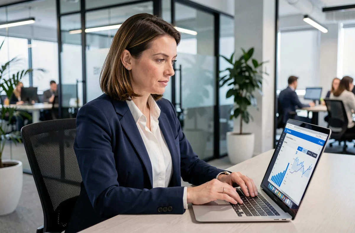 Femme professionnelle accédant à un portail bancaire en ligne sur son ordinateur portable dans un bureau moderne, illustrant l'utilisation de domiwebcmb pour les services CMB