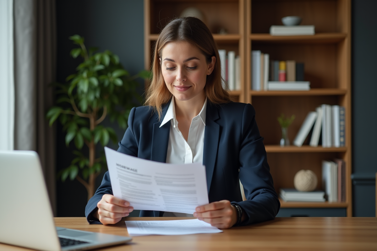 Femme professionnelle examinant un document de prêt immobilier