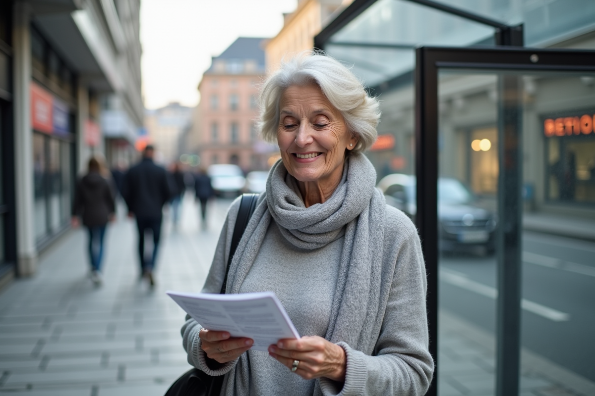 Femme souriante lisant un dépliant en extérieur