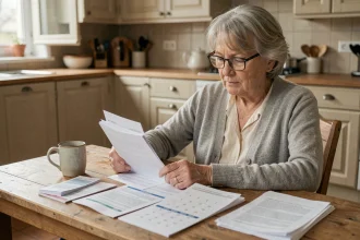 Femme retraitée qui consulte son calendrier de paiement de retraite complémentaire à domicile