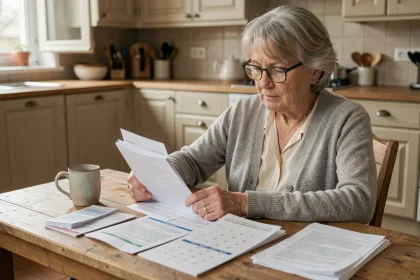Femme retraitée qui consulte son calendrier de paiement de retraite complémentaire à domicile