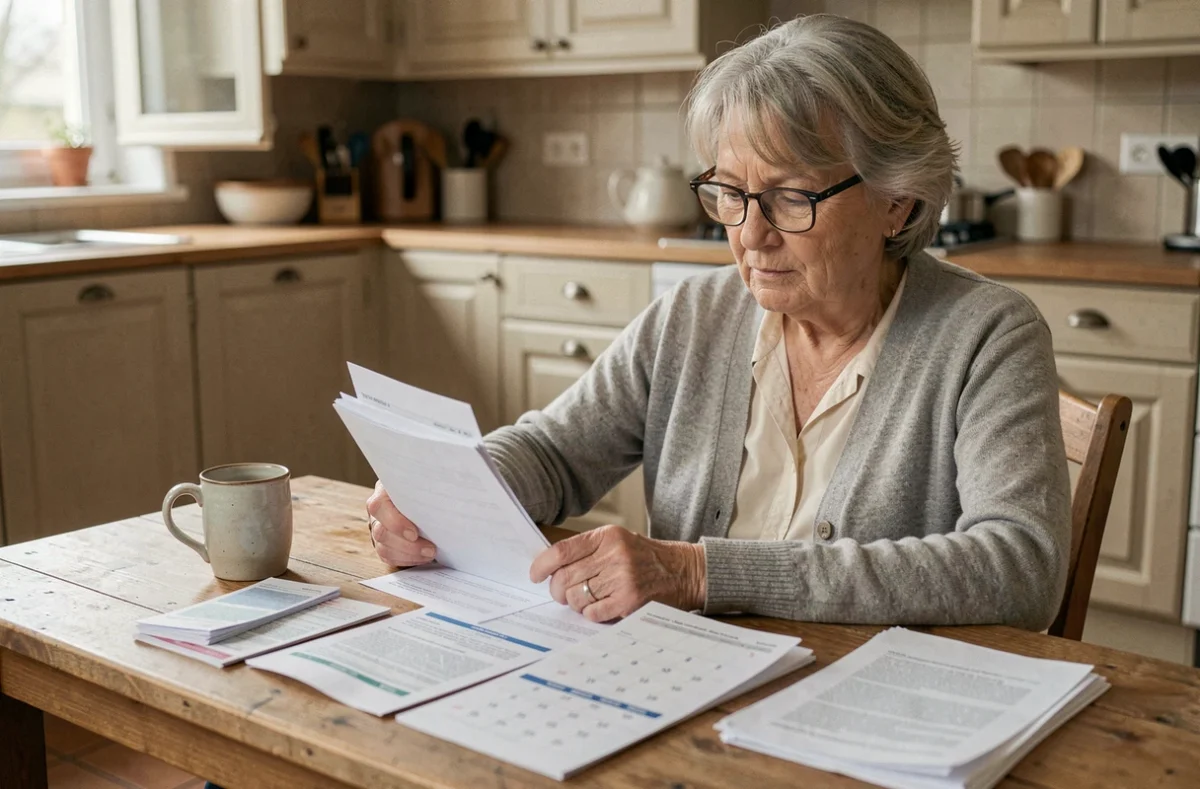 Femme retraitée qui consulte son calendrier de paiement de retraite complémentaire à domicile
