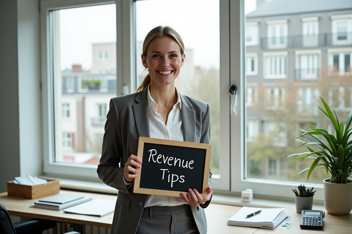 Femme souriante tenant un tableau avec conseils revenus