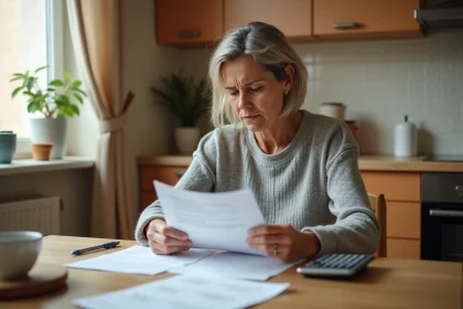Femme consultant ses relevés bancaires à la table de cuisine pour comprendre ses revenus de placement CAF