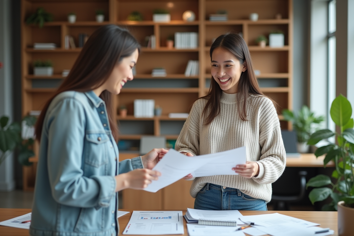 Jeune femme relisant des papiers avec un conseiller bancaire