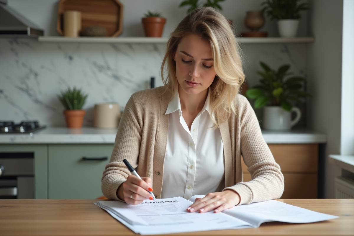 Femme analysant un tableau fiscal à la maison