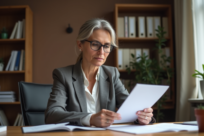 Femme d'&acirc;ge moyen examine documents de pension &agrave; son bureau