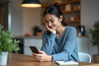 Femme en sweater bleu vérifiant son smartphone dans un intérieur moderne