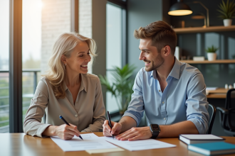 Femme satisfaite signant documents de dettes dans un bureau chaleureux