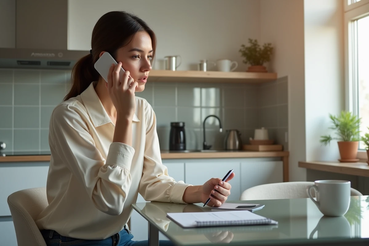 Jeune femme au téléphone dans une cuisine moderne