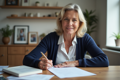 Femme d'âge moyen signant un formulaire dans un bureau moderne