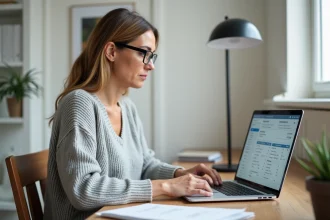 Femme utilisant un simulateur d'impôt sur le revenu en ligne sur son ordinateur portable dans un bureau à domicile