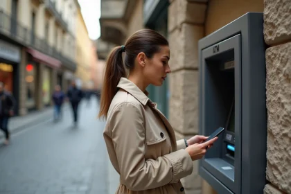 Femme consultant son smartphone devant un distributeur de billets intégré dans une façade en pierre d'une rue européenne pavée