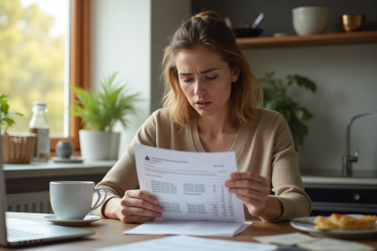 Femme stressée avec relevé bancaire en surcharge