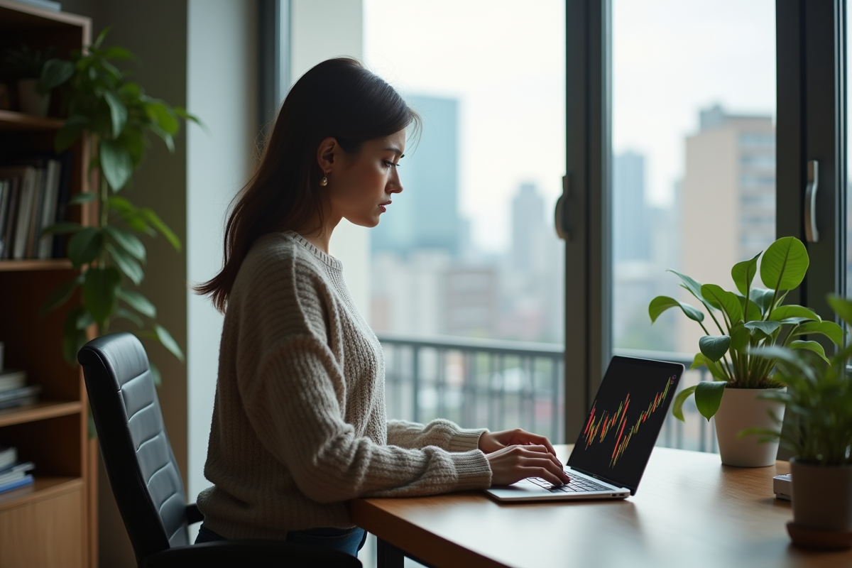 Jeune femme regardant son ordinateur dans un bureau à domicile