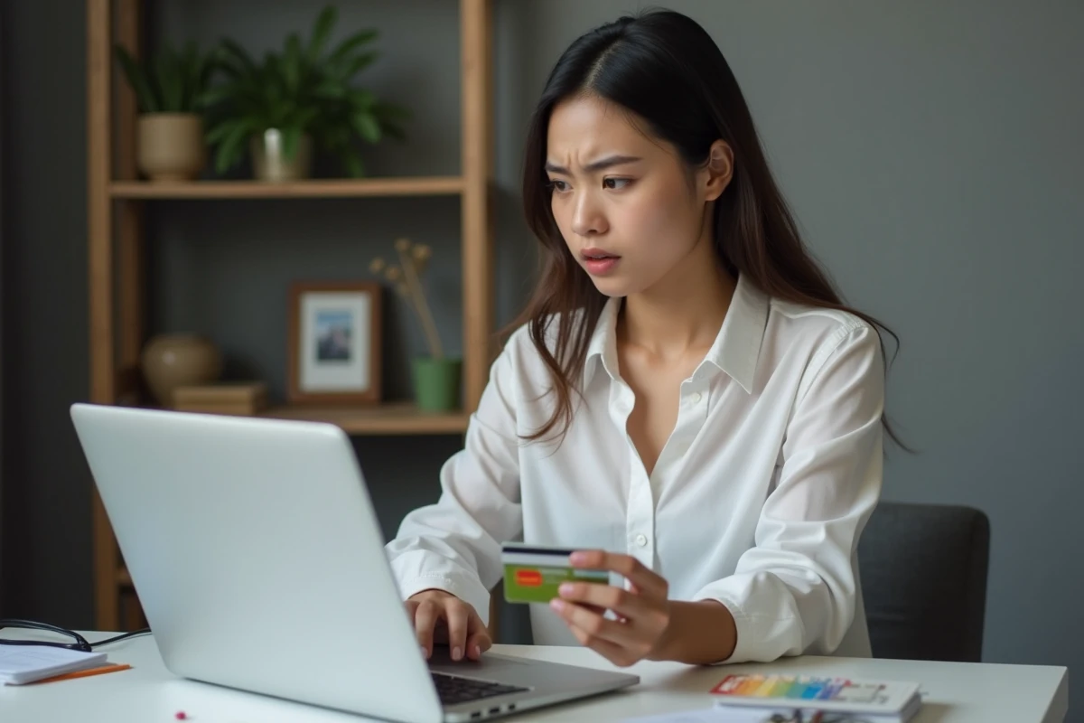 Jeune femme réalisant un virement Western Union en ligne pour un achat à distance avec inquiétude