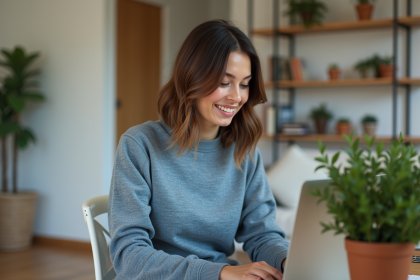 Femme assise à son bureau à domicile en train de revoir des fichiers audio